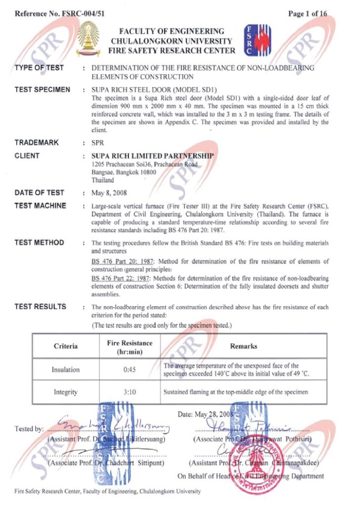 3-Hour Fire Resistance Certificate for Single Solid Steel Door
