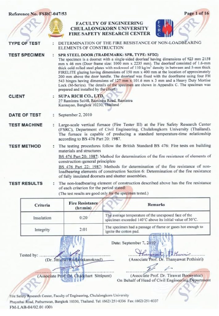 2-Hour Fire Resistance Certificate for Single Steel Door with Glass Panel