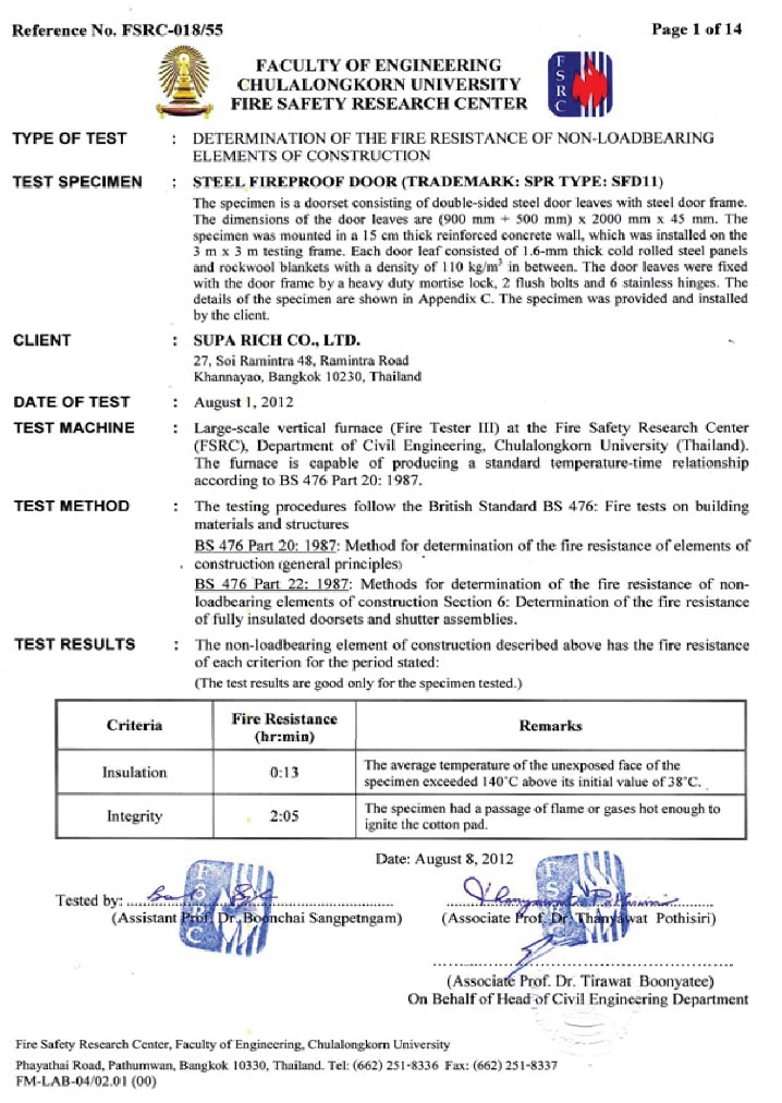 2-Hour Fire Resistance Certificate for Double Solid Steel Doors