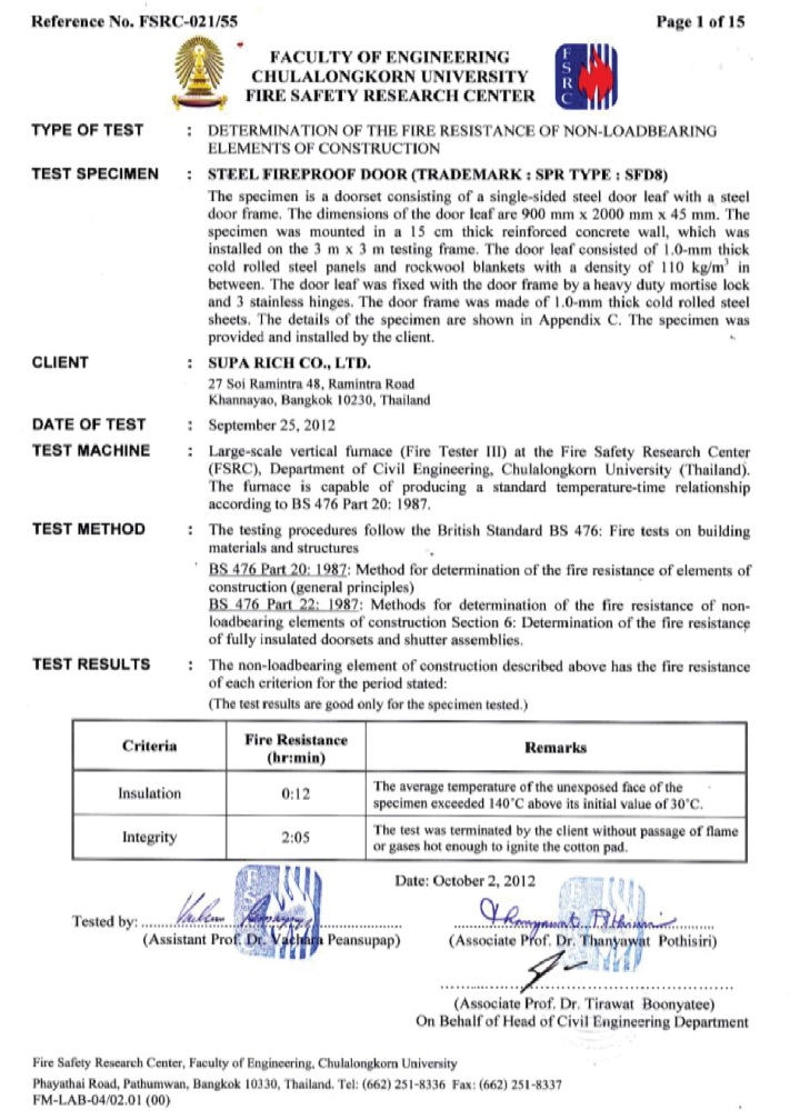 2-Hour Fire Resistance Certificate for Single Solid Steel Door